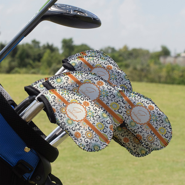 Custom Swirls & Floral Golf Club Iron Cover - Set of 9 (Personalized)