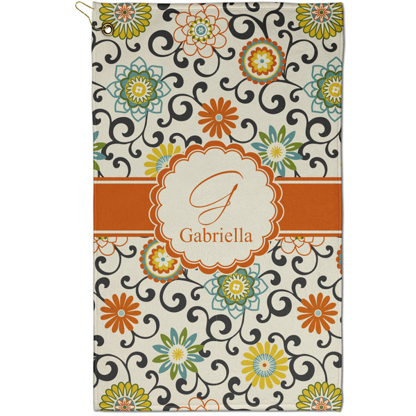 Custom Swirls & Floral Golf Towel - Poly-Cotton Blend - Small w/ Name and Initial