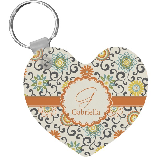 Custom Swirls & Floral Heart Plastic Keychain w/ Name and Initial
