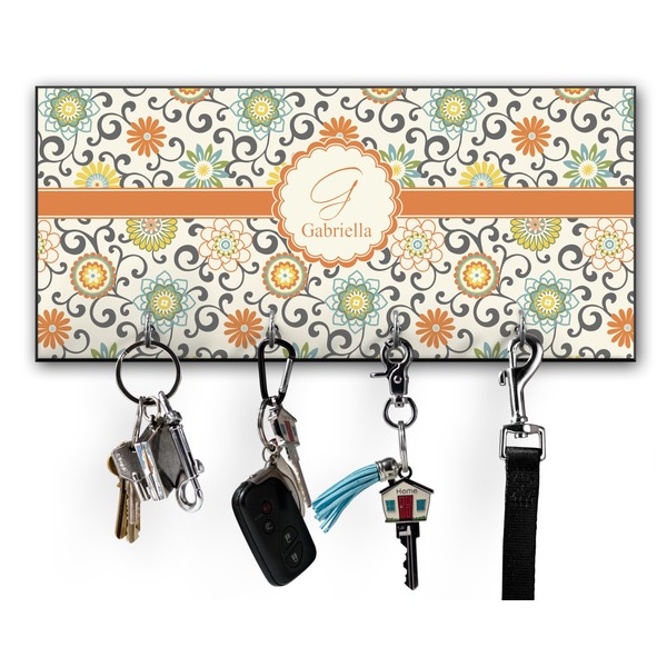 Custom Swirls & Floral Key Hanger w/ 4 Hooks w/ Name and Initial