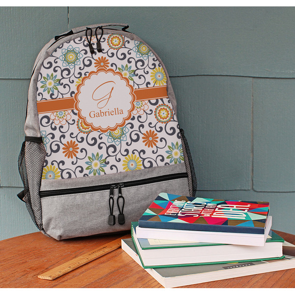 Swirls & Floral Large Backpack - Gray - On Desk