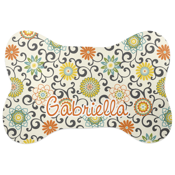 Custom Swirls & Floral Bone Shaped Dog Food Mat (Large) (Personalized)