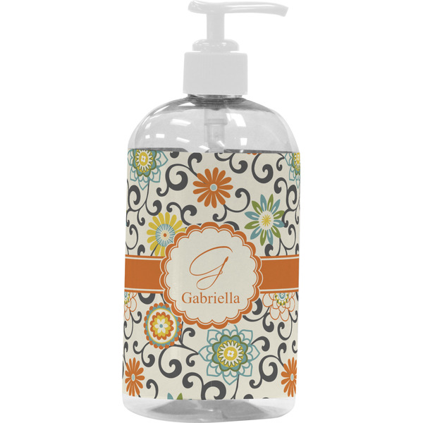 Custom Swirls & Floral Plastic Soap / Lotion Dispenser (16 oz - Large - White) (Personalized)