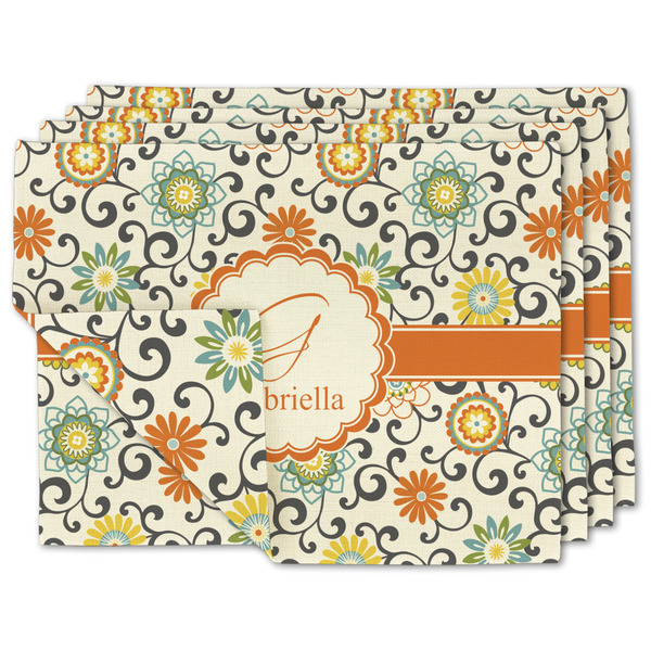 Custom Swirls & Floral Double-Sided Linen Placemat - Set of 4 w/ Name and Initial