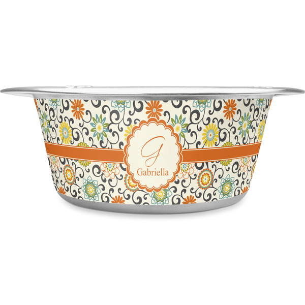 Custom Swirls & Floral Stainless Steel Dog Bowl - Large (Personalized)