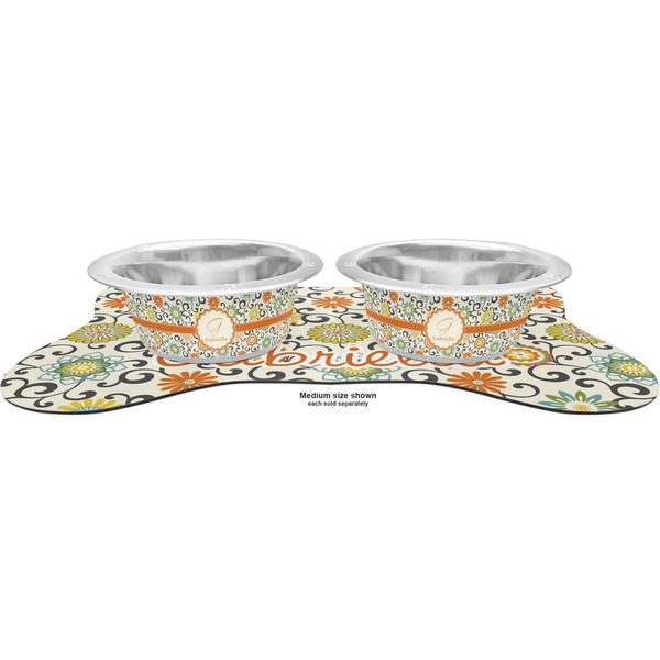 Swirls & Floral Metal Pet Bowls - On Dog Bone Shaped Mat