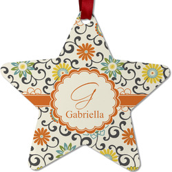 Swirls & Floral Metal Star Ornament - Double Sided w/ Name and Initial