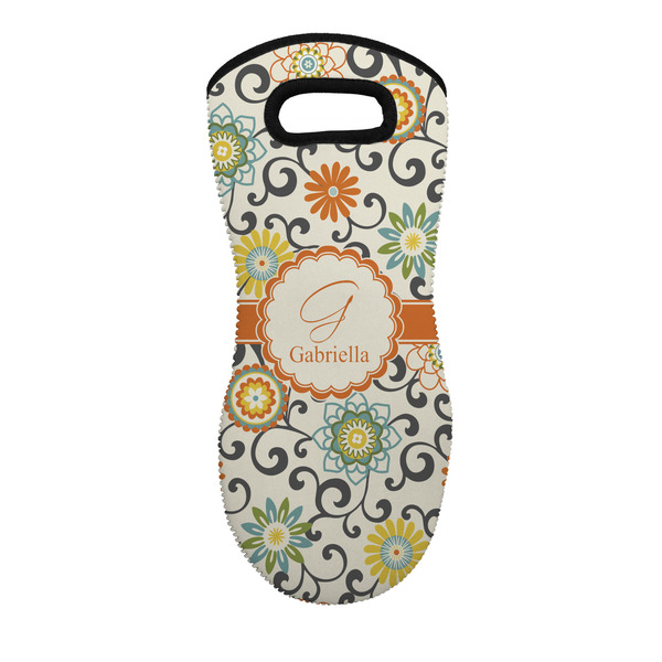 Custom Swirls & Floral Neoprene Oven Mitt - Single w/ Name and Initial