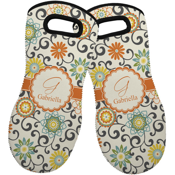 Custom Swirls & Floral Neoprene Oven Mitts - Set of 2 w/ Name and Initial