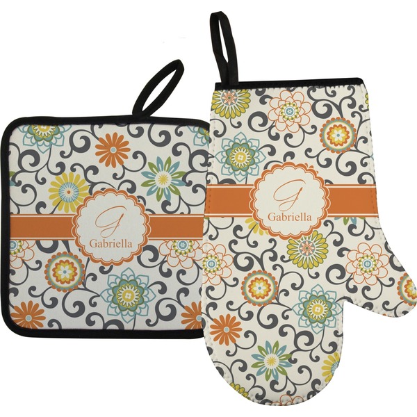 Custom Swirls & Floral Right Oven Mitt & Pot Holder Set w/ Name and Initial