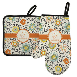 Swirls & Floral Left Oven Mitt & Pot Holder Set w/ Name and Initial