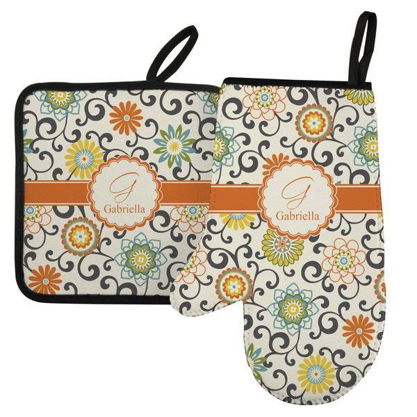 Custom Swirls & Floral Left Oven Mitt & Pot Holder Set w/ Name and Initial