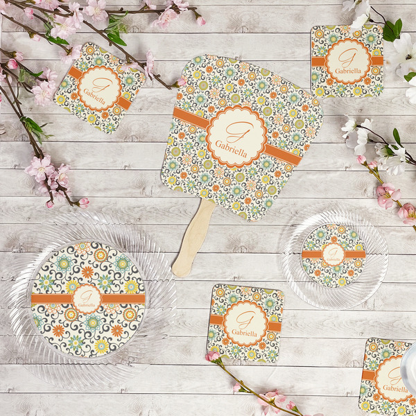 Swirls & Floral Party Supplies Combination Image - All items - Plates, Coasters, Fans