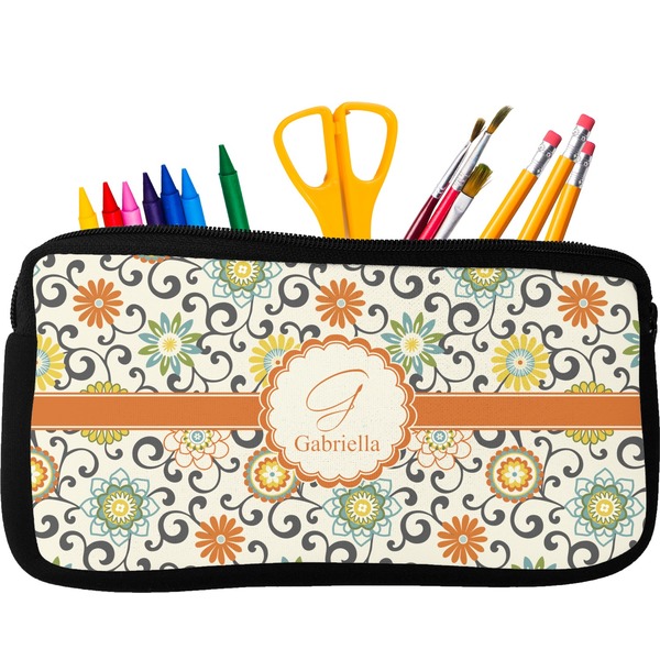 Custom Swirls & Floral Neoprene Pencil Case - Small w/ Name and Initial