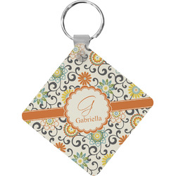 Swirls & Floral Diamond Plastic Keychain w/ Name and Initial