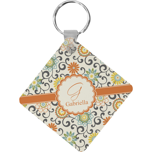 Custom Swirls & Floral Diamond Plastic Keychain w/ Name and Initial