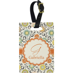 Swirls & Floral Plastic Luggage Tag - Rectangular w/ Name and Initial