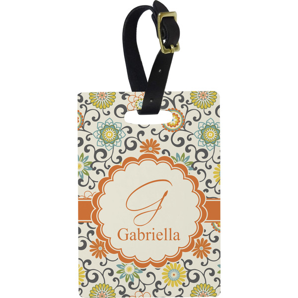 Custom Swirls & Floral Plastic Luggage Tag - Rectangular w/ Name and Initial