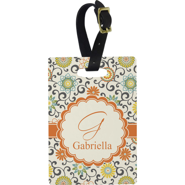 Custom Swirls & Floral Plastic Luggage Tag - Rectangular w/ Name and Initial