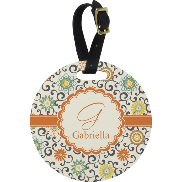 Custom Swirls & Floral Plastic Luggage Tag - Round (Personalized)
