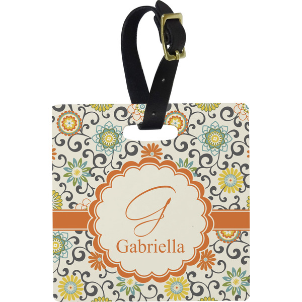 Custom Swirls & Floral Plastic Luggage Tag - Square w/ Name and Initial