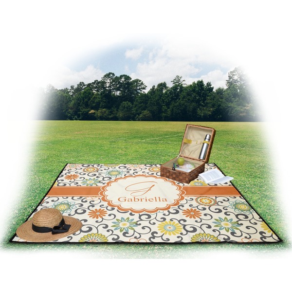 Swirls & Floral Picnic Blanket - with Basket Hat and Book - in Use