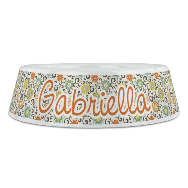 Swirls & Floral Plastic Pet Bowls - Large - FRONT