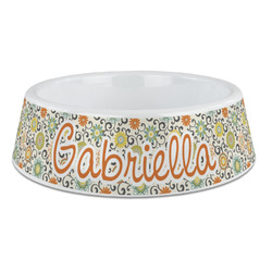 Swirls & Floral Plastic Dog Bowl - Large (Personalized)