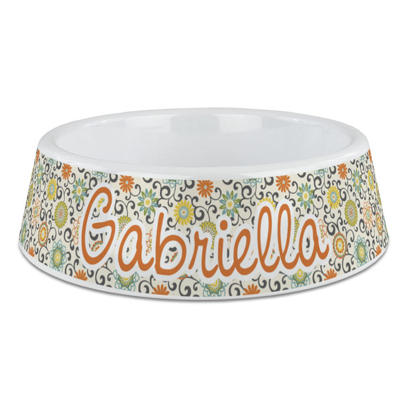Custom Swirls & Floral Plastic Dog Bowl - Large (Personalized)