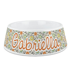Swirls & Floral Plastic Dog Bowl - Medium (Personalized)