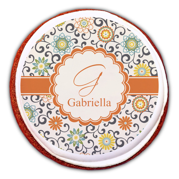 Swirls & Floral Printed Icing Circle - Large - On Cookie