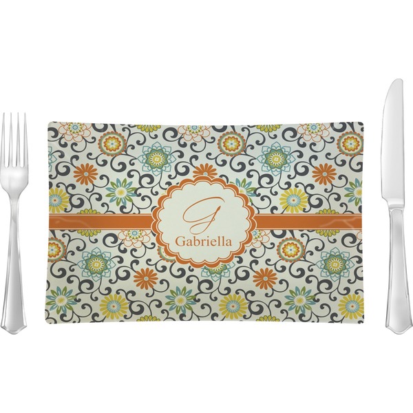 Custom Swirls & Floral Rectangular Glass Lunch / Dinner Plate - Single or Set (Personalized)