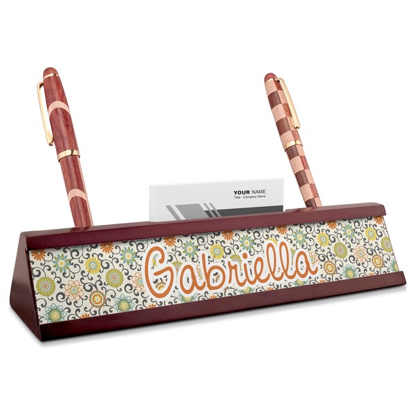 Custom Swirls & Floral Red Mahogany Nameplate with Business Card Holder (Personalized)