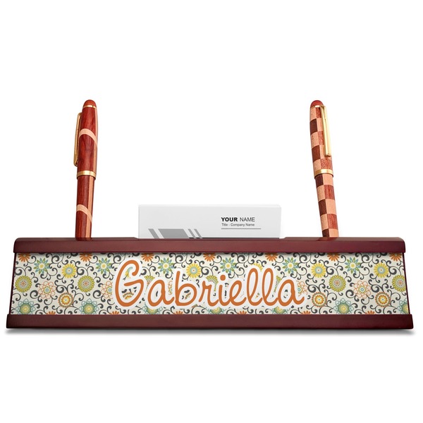 Swirls & Floral Red Mahogany Nameplates with Business Card Holder - Straight