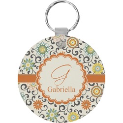 Swirls & Floral Round Plastic Keychain (Personalized)
