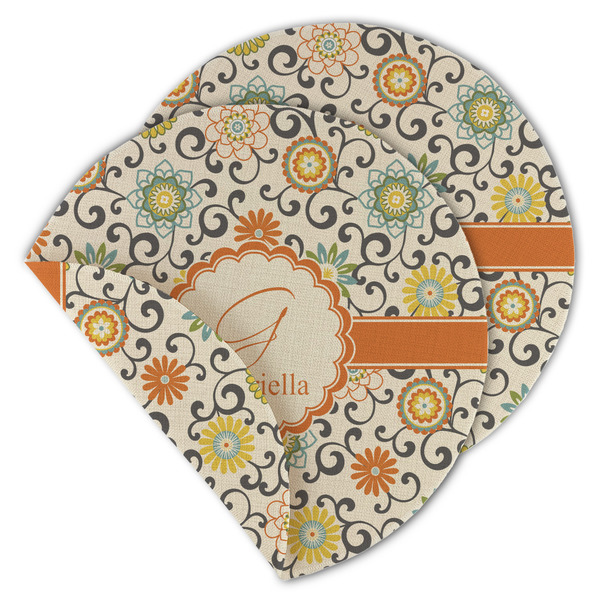 Custom Swirls & Floral Round Linen Placemat - Double Sided (Personalized)