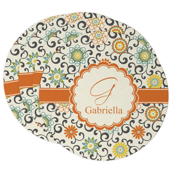 Custom Swirls & Floral Round Paper Coasters w/ Name and Initial