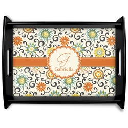 Swirls & Floral Black Wooden Tray - Large (Personalized)