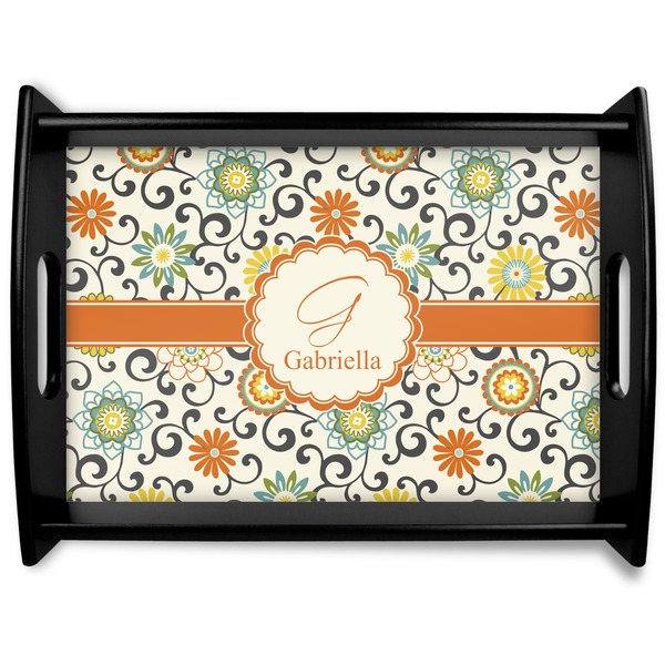 Custom Swirls & Floral Black Wooden Tray - Large (Personalized)