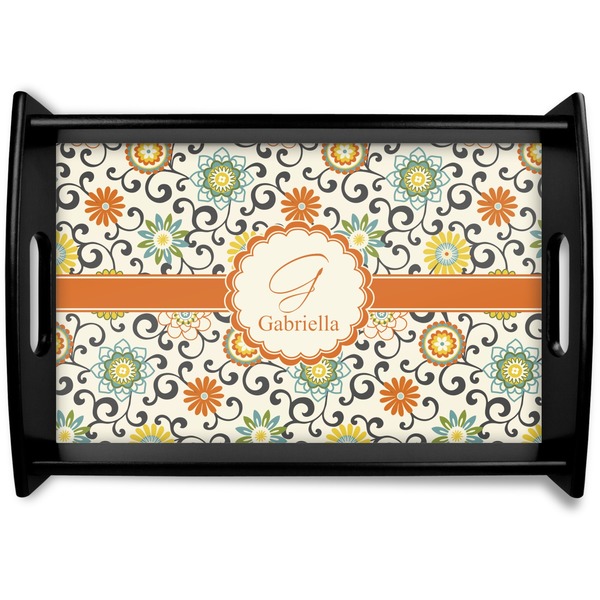 Custom Swirls & Floral Black Wooden Tray - Small (Personalized)