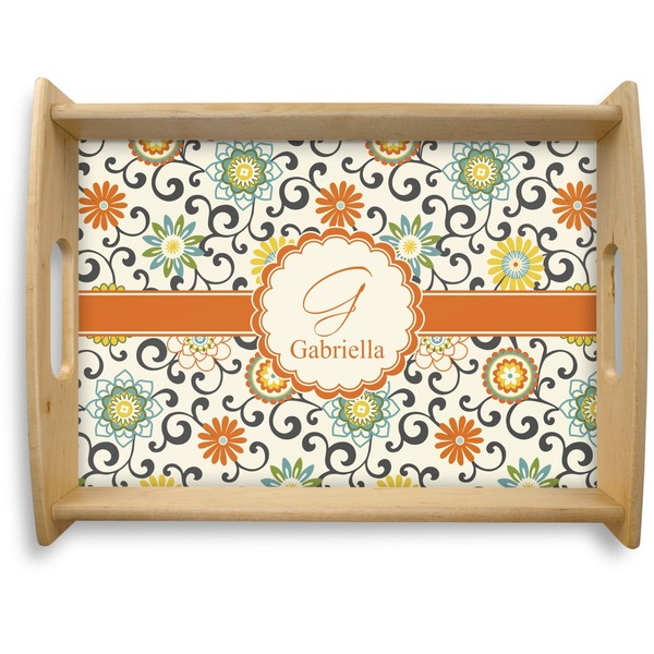 Custom Swirls & Floral Natural Wooden Tray - Large (Personalized)