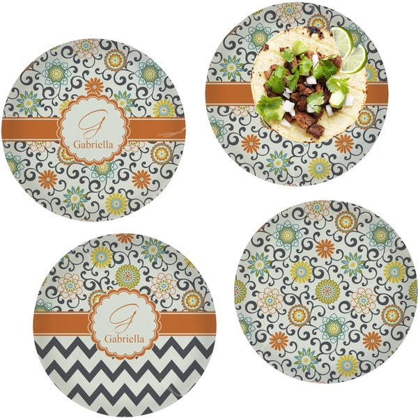 Custom Swirls & Floral Set of 4 Glass Lunch / Dinner Plate 10" (Personalized)