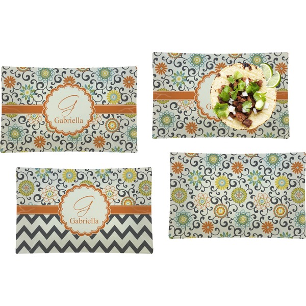 Custom Swirls & Floral Set of 4 Glass Rectangular Lunch / Dinner Plate (Personalized)