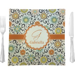 Swirls & Floral 9.5" Glass Square Lunch / Dinner Plate- Single or Set of 4 (Personalized)