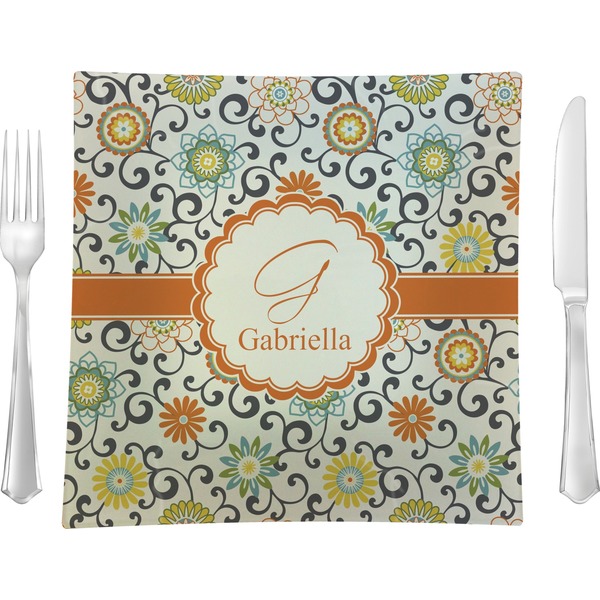 Custom Swirls & Floral 9.5" Glass Square Lunch / Dinner Plate- Single or Set of 4 (Personalized)