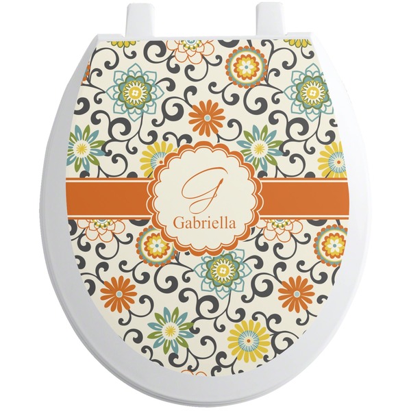 Custom Swirls & Floral Toilet Seat Decal - Round (Personalized)