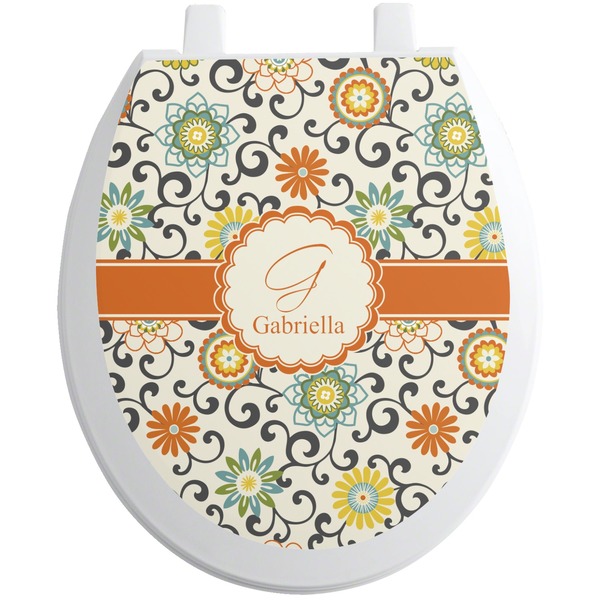 Custom Swirls & Floral Toilet Seat Decal - Round (Personalized)