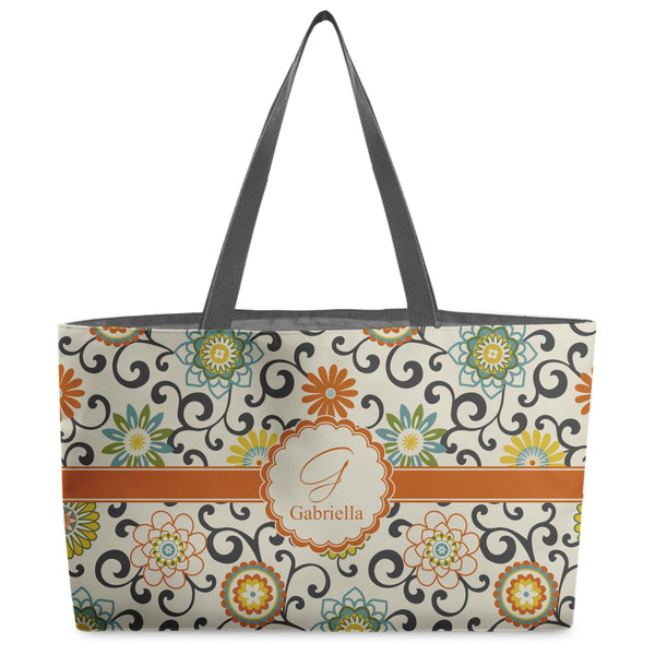 Custom Swirls & Floral Beach Totes Bag - w/ Black Handles (Personalized)