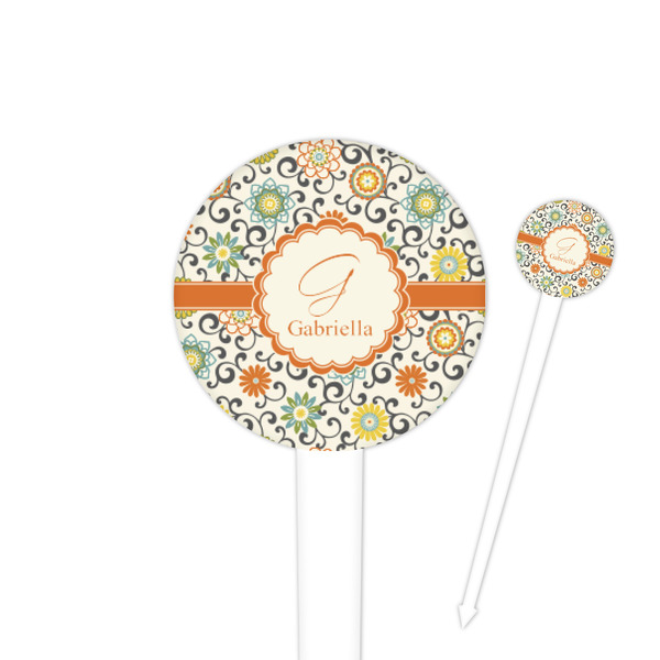 Custom Swirls & Floral 4" Round Plastic Food Picks - White - Single Sided (Personalized)