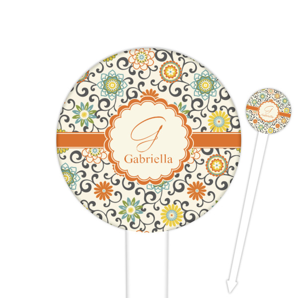 Custom Swirls & Floral 6" Round Plastic Food Picks - White - Double Sided (Personalized)